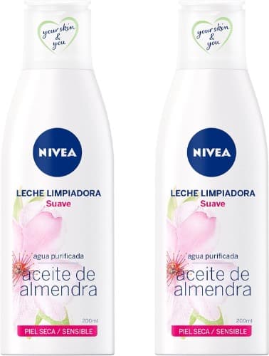 NIVEA Leite de limpeza suave, limpeza facial com óleo de amêndoa, leite hidratante para pele seca e sensível, 200 ml x 2