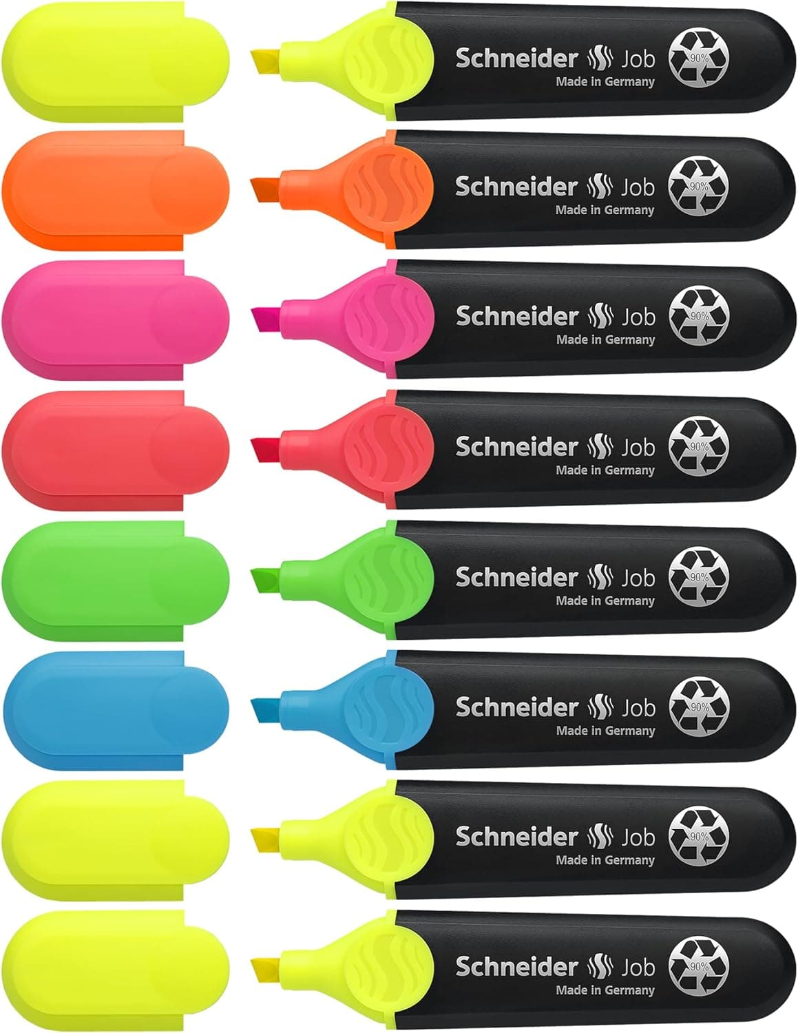 Schneider Job 150 Marcadores fluorescentes (recarregáveis e resistentes à descoloração), amarelo (3 unidades), cor laranja, rosa, verde, azul e vermelho