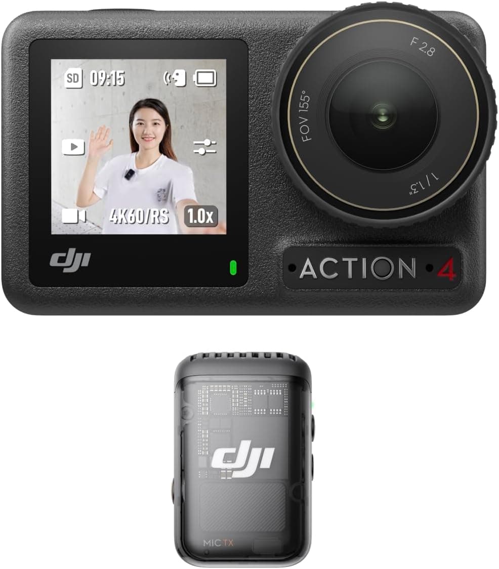 DJI Osmo Action 4 + Transmisor Mic 2 (Shadow Black), cámara para Vlogs con un Sensor de 1/1.3 Pulgadas, HorizonSteady en 360º, el Micro graba Voces nítidas, protección antiviento