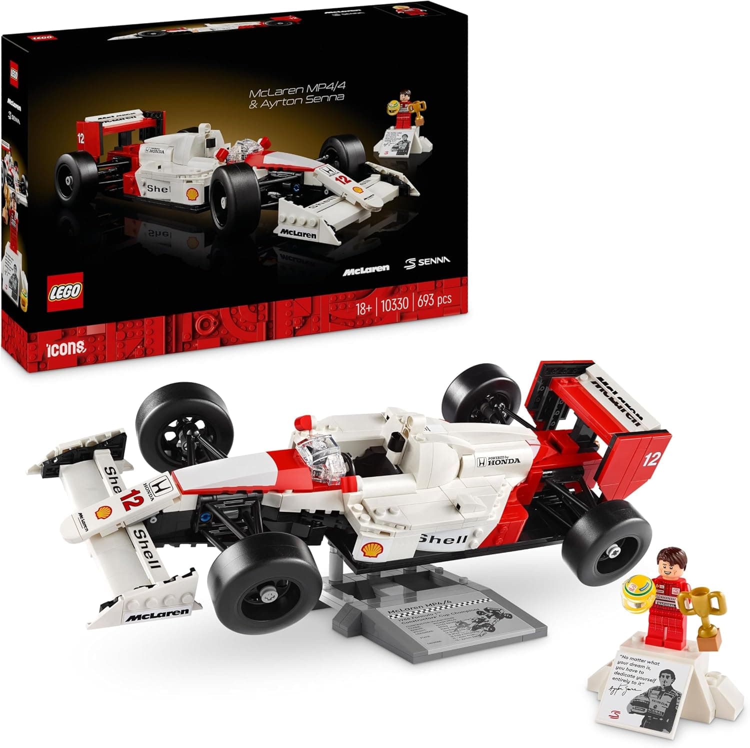 LEGO Icons McLaren MP4/4 e Ayrton Senna minifigura F1, decoração de secretária para casa e escritório, presente para homens e mulheres, mochila de carro de corrida, artesanato para adultos 10330