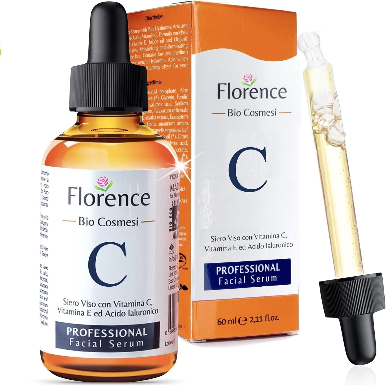Soro facial orgânico vitamina C e ácido hialurónico puro, remove cicatrizes de acne, manchas de pele, efeito anti-idade, sérum BIO - rugas iluminação natural para rosto e pescoço, 60 ml