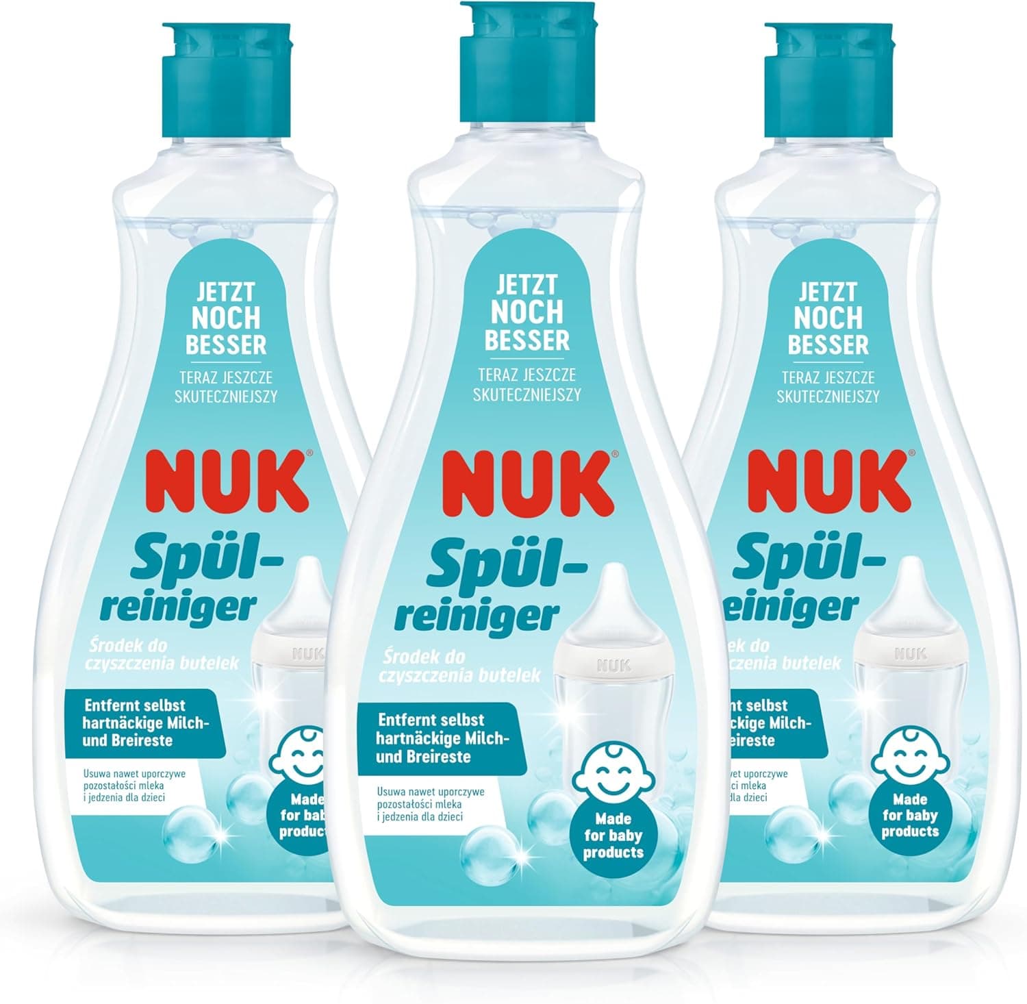 Limpador de biberões NUK 500 ml, ideal para limpar biberões, tetinas e acessórios, limpador sem fragrância, pH neutro, garrafa 100% reciclável, 3 unidades
