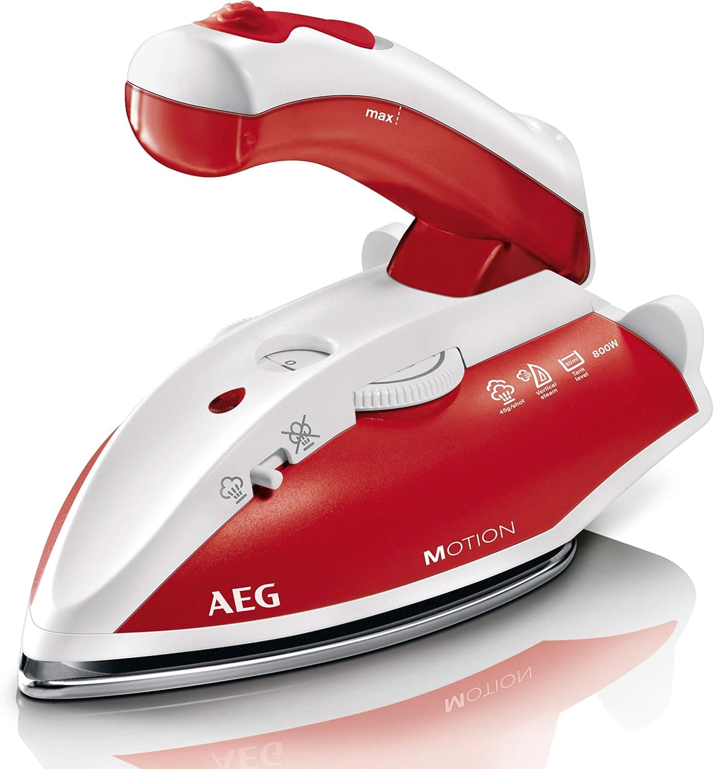 AEG DBT 800 Ferro, sola de aço inoxidável, cabo ergonómico, variável e contínuo, golpe a vapor até 45 g/min, depósito de 60 ml, inclui saco de viagem, 240 W, 0,06 litros, base, vermelho