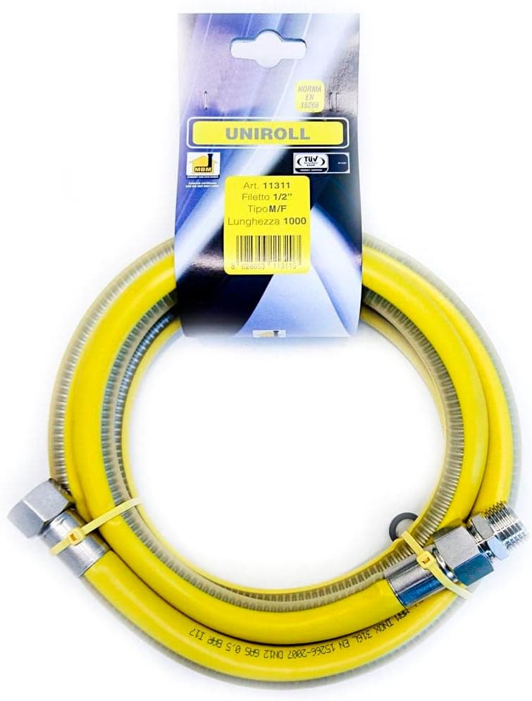 Tubo de gás de 1 mt 1/2" de aço flexível médio MF de acordo com a norma EN 15266 para bancada/cozinha UNIROLL