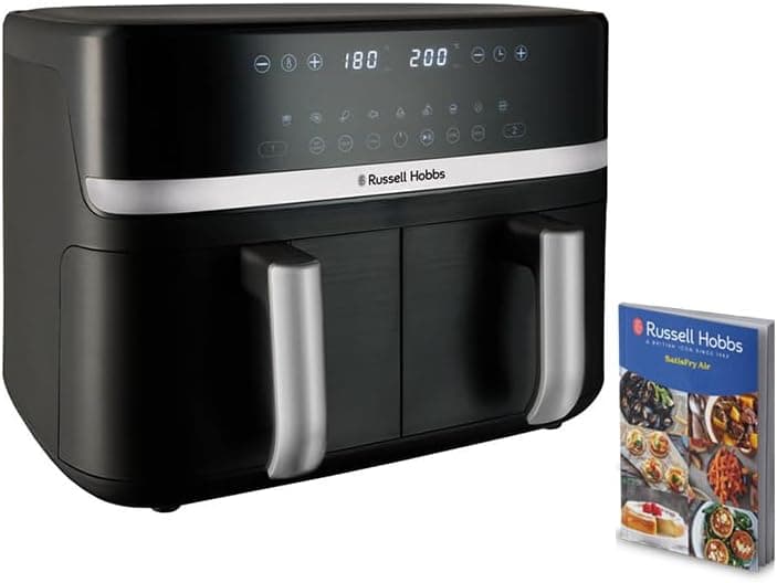 Russell Hobbs fritadeira a ar, fritadeira sem óleo, cesta dupla 9 l, Air Fryer, ruído reduzido, 9 programas, Rapid Air, máx. 200 °C, tátil, cestos para máquina de lavar louça, 2800 W, Satisfry