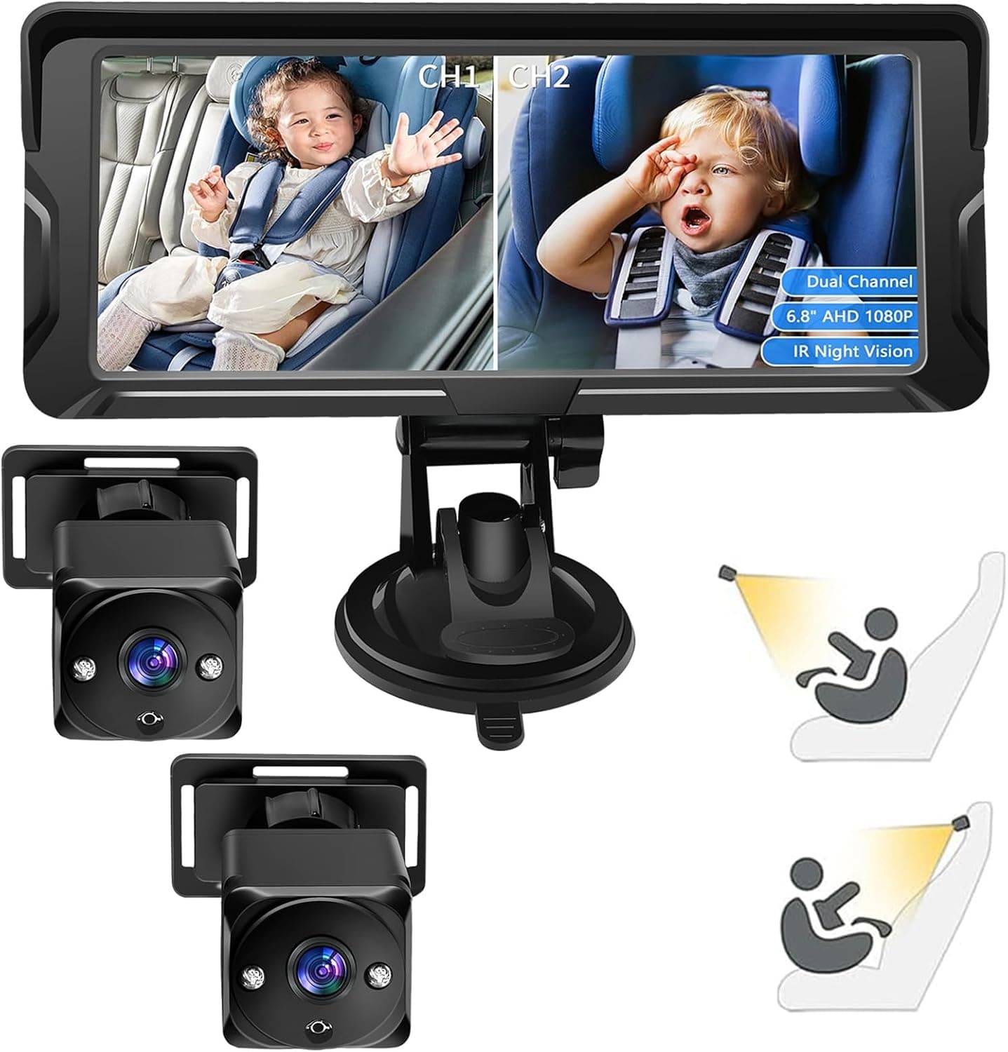 Shkalacar Câmara para bebé para carro com canal duplo, 6,8 polegadas e 1080 p, com 2 câmaras de visão noturna infravermelhos e ângulo de visão ampla de 150 ° para assento voltado para trás