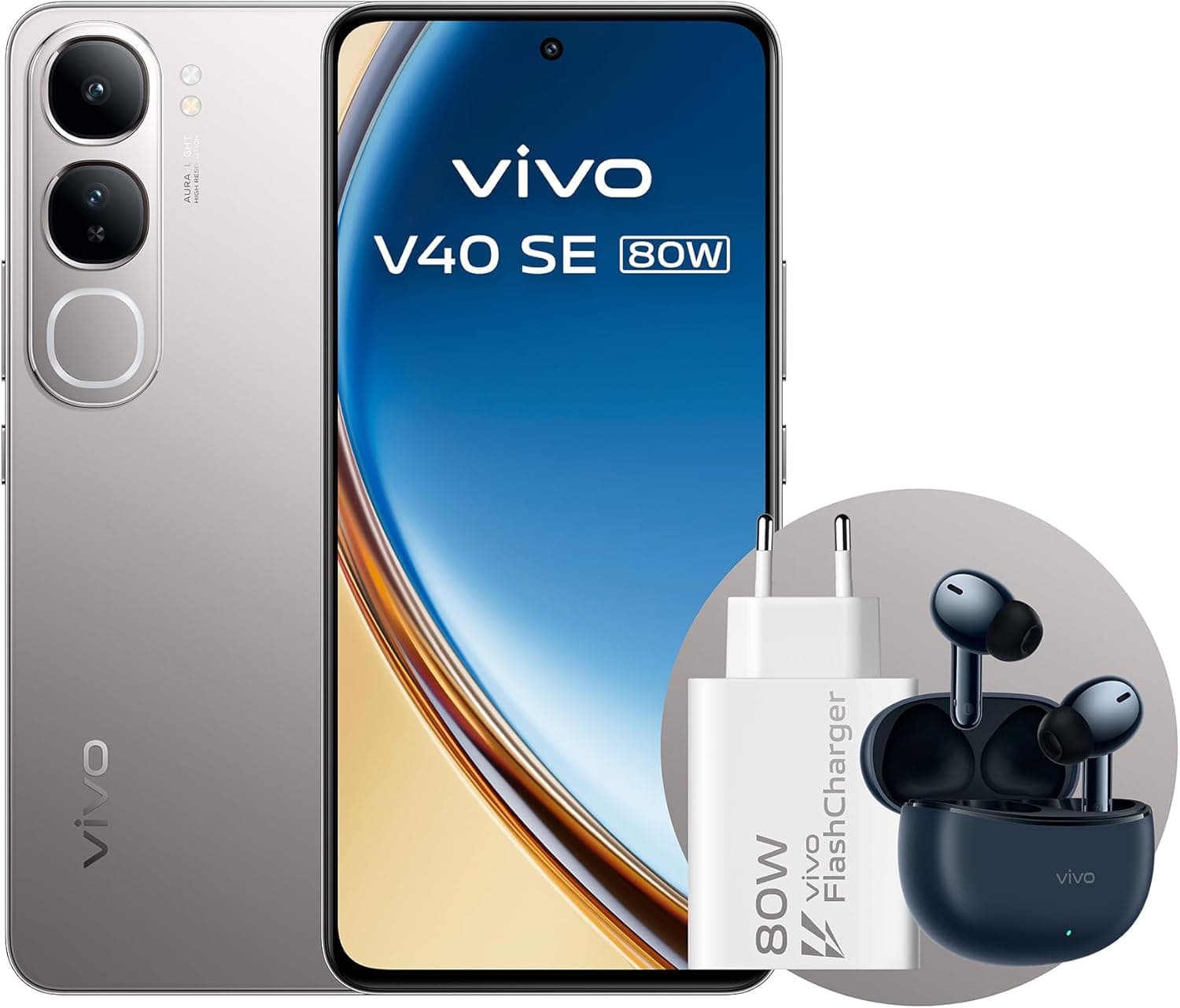 VIVO V40 SE | Smartphone 5G com ecrã AMOLED 120Hz 8GB 256GB câmara 50MP auriculares sem fios e carregador 80W