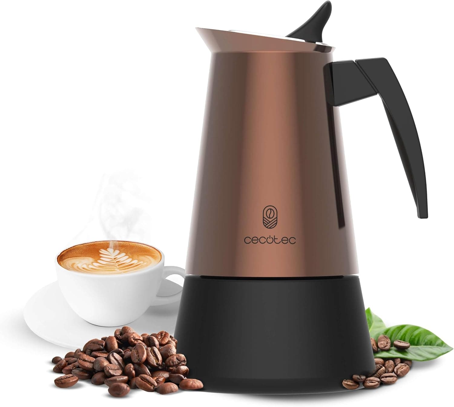 Cecotec Máquina de café italiana Piccolina 600 bronze. Capacidade de 300 ml para 6 chávenas, design elegante em aço, filtro de aço inoxidável, adequado para todas as superfícies, válvula de segurança,