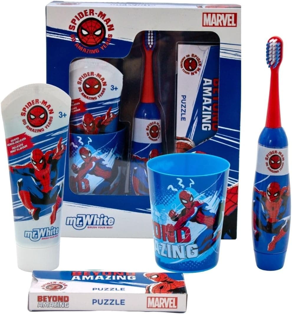 Kit de cuidados bucal Spiderman Kids contém escova de dentes elétrica alimentada por pilhas com cerdas macias, pasta de dentes de menta, copo multiusos e puzzle