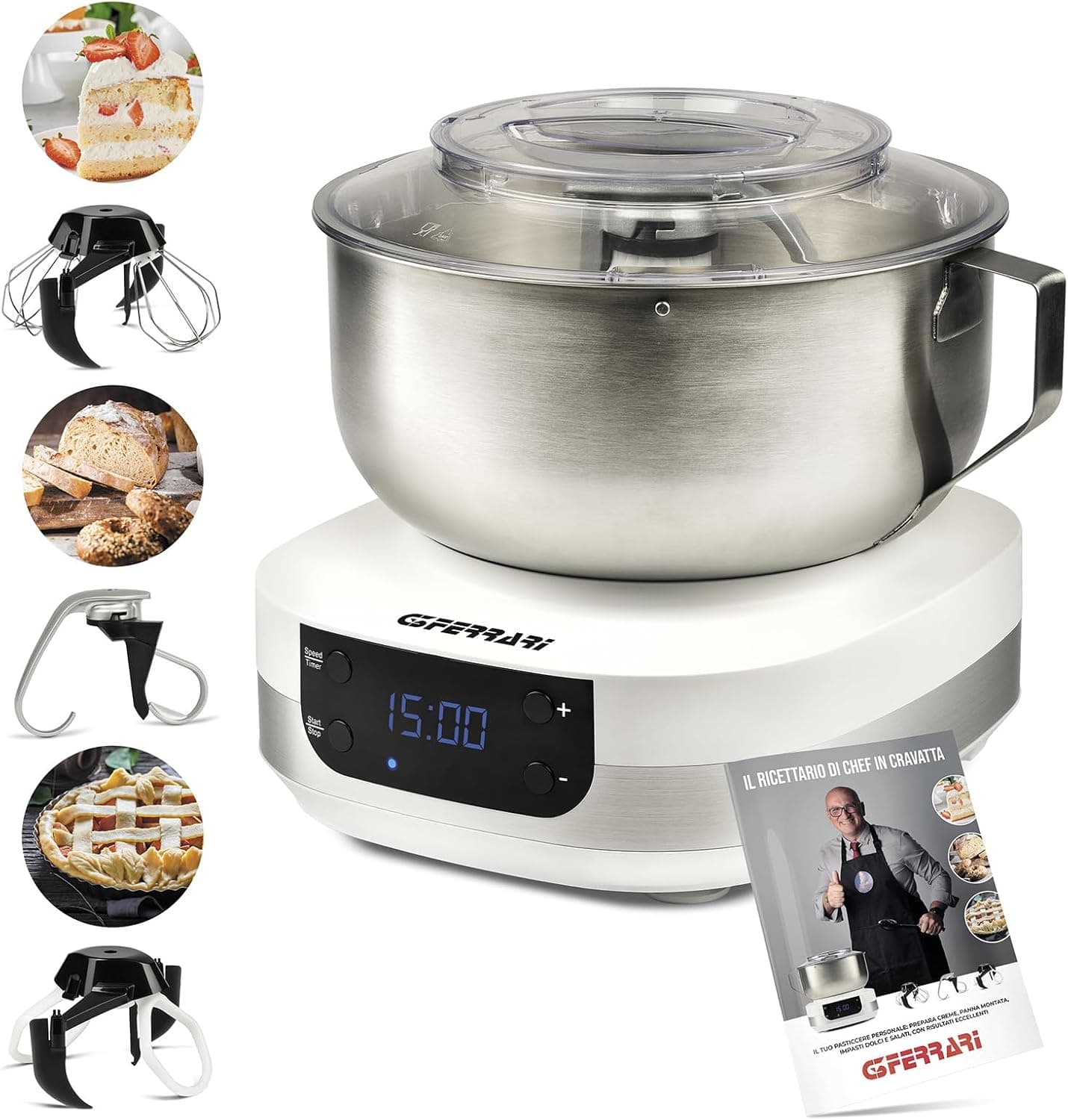 G3 Ferrari G20145 - Amassadora planetária Pastaio Gourmet, 1500 W, 5 litros, tigela inoxidável com alça, ecrã digital, 5 velocidades, temporizador, receitas incluídas