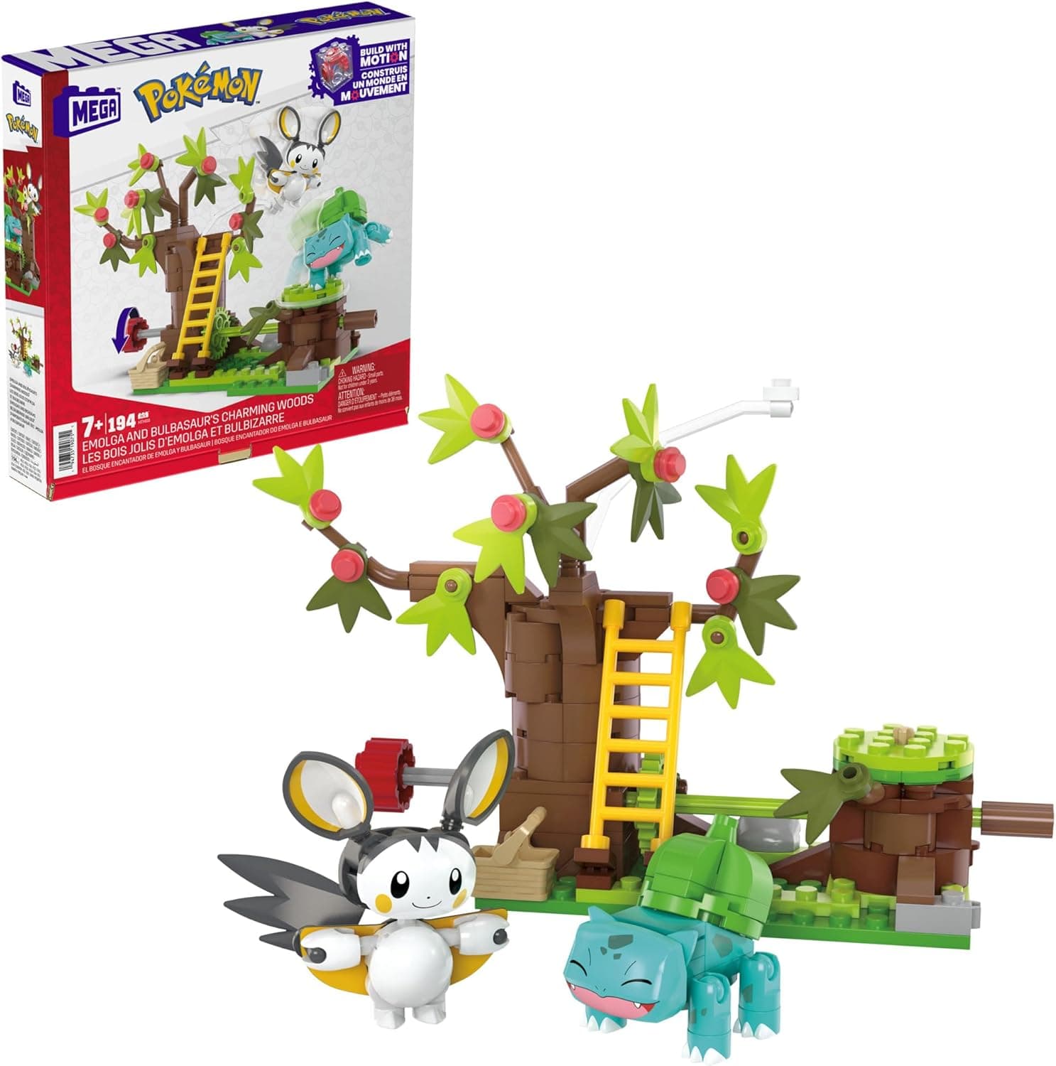 Mega Pokémon Emolga e Bulbasaur na floresta encantadora 188 blocos de construção com movimento e 2 personagens, brinquedo 7 anos (Mattel HTH69)