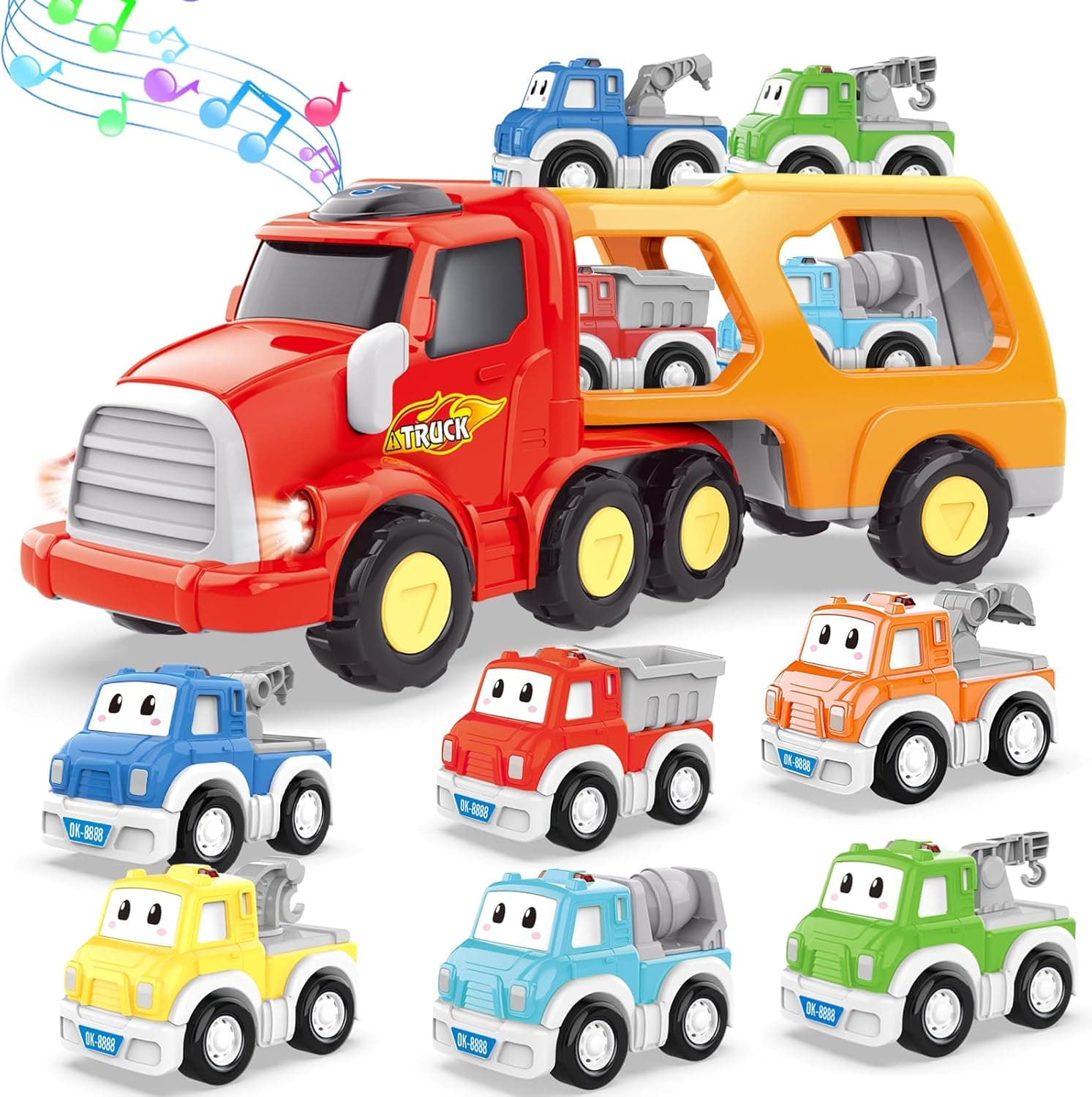 Seveclotree Camião 7 em 1 | Transportador de carros com luzes e sons para crianças dos 3 aos 6 anos