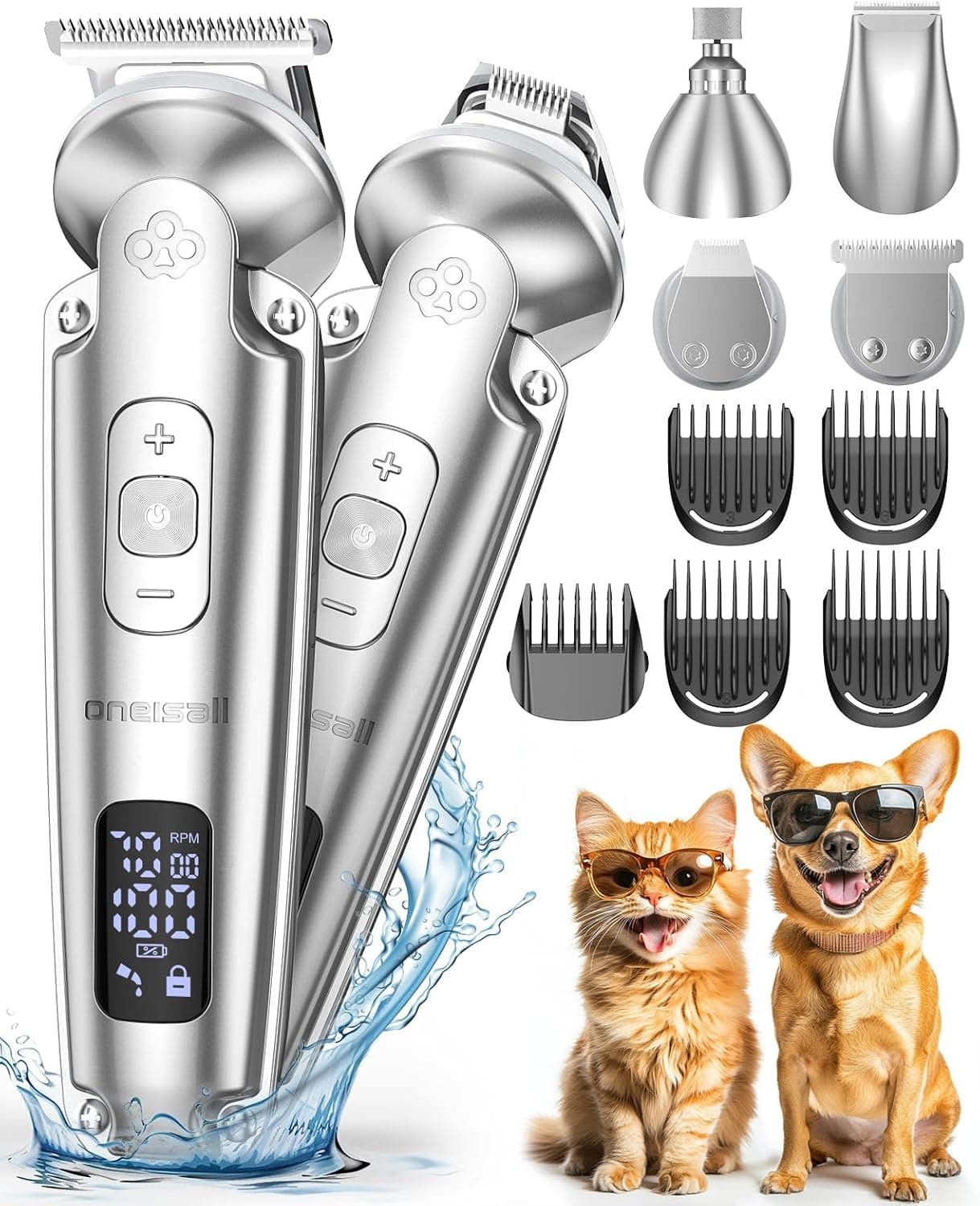 oneisall 4 in 1 Profi | Máquina de cortar pelo elétrica impermeável para cães e gatos com motor silencioso