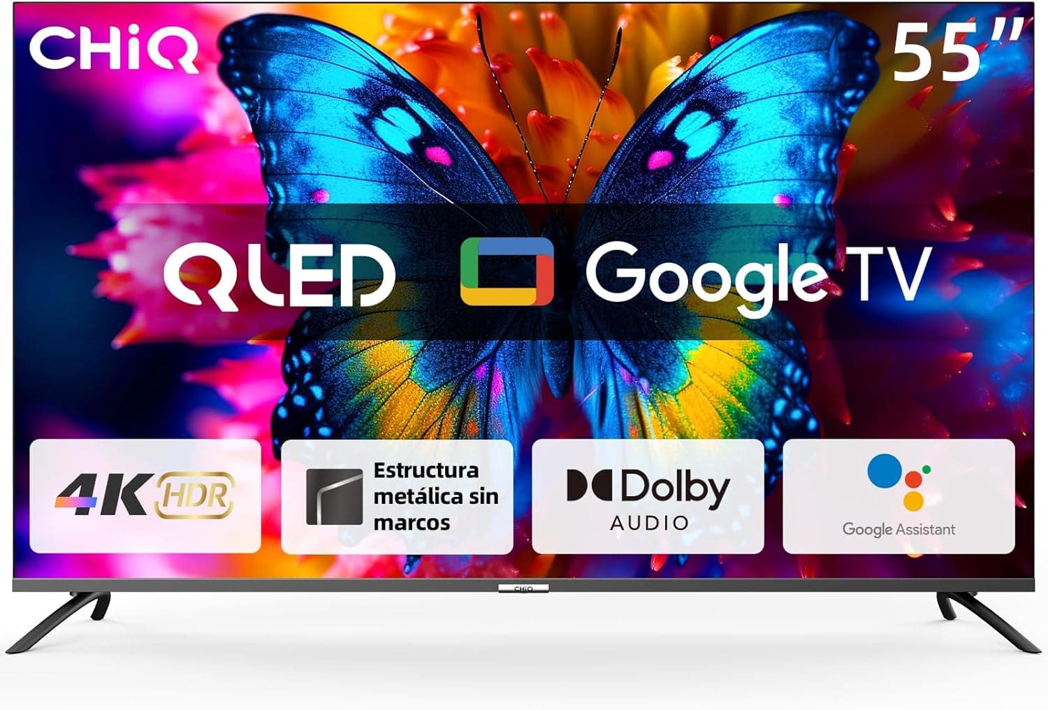 CHiQ Smart Google TV 4K QLED de 55 polegadas, painel UHD com ampla HDR, controlo remoto por voz, Chromecast integrado, áudio Dolby, DBX-TV, Bluetooth 5.0, Wi-Fi, modelo U55QM8E de 2024