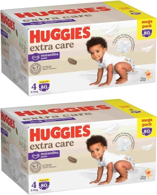 Huggies Extra Care Tamanho 4 | Fraldas descartáveis respiráveis para bebés 9 a 14 kg, mega pack com 80 unidades x 2