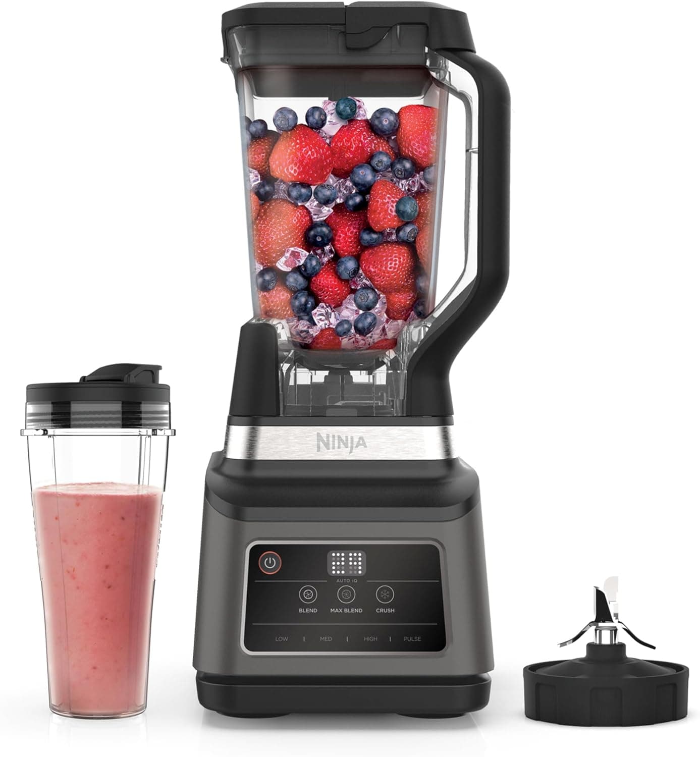 Ninja Liquidificadora de 2 em 1, 1200 W, 3 programas automáticos, 4 configurações manuais, tecnologia Auto-iQ, jarro de 2,1 l e copo de 700 ml, peças adequadas para máquina de lavar louça, em preto