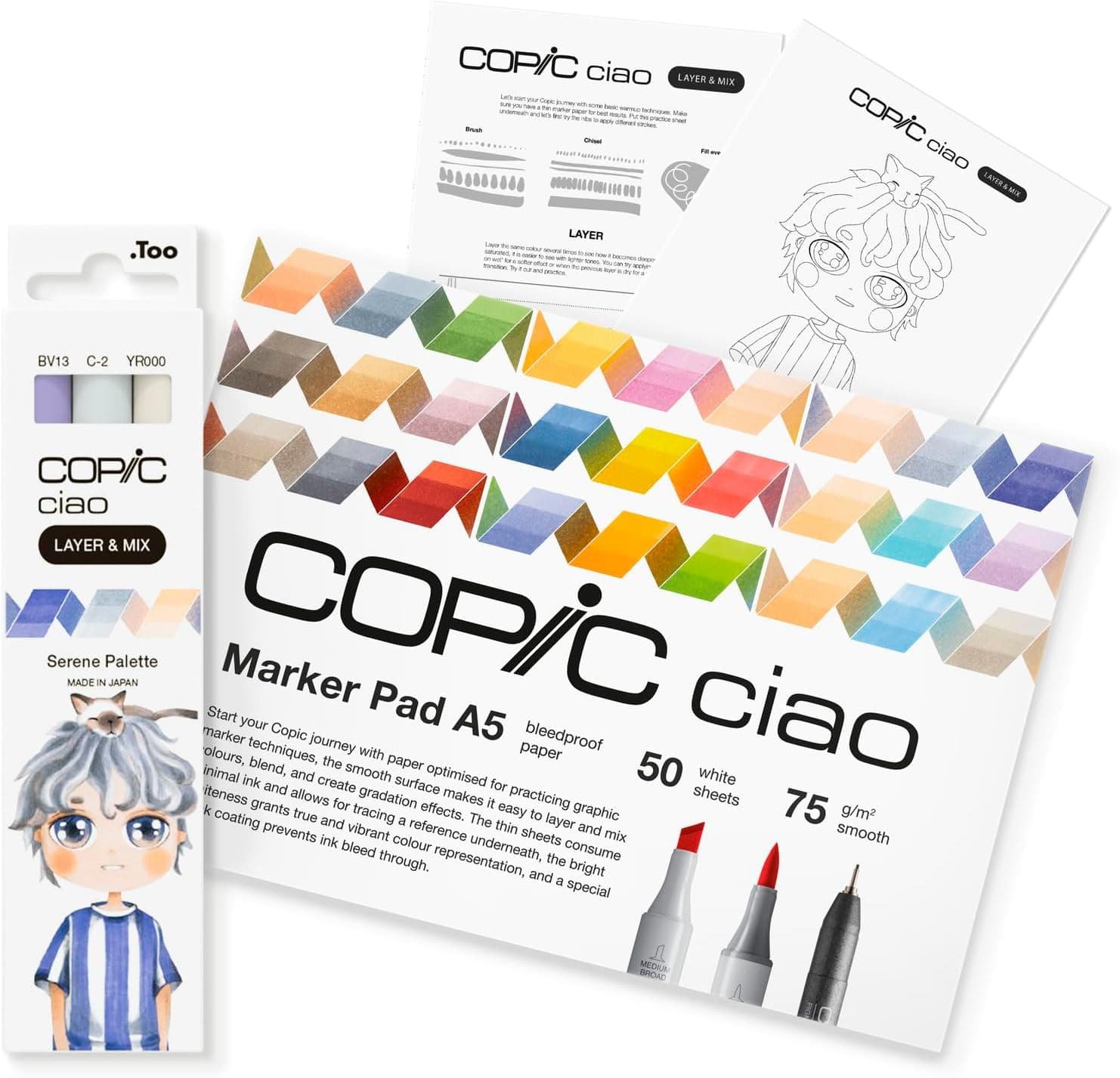 COPIC Ciao LAYER & MIX Starter Set Serene, conjunto de marcadores com 3 cores diferentes, papel de marcador e modelo de desenho para decalque, incl. folha de exercícios de familiarização