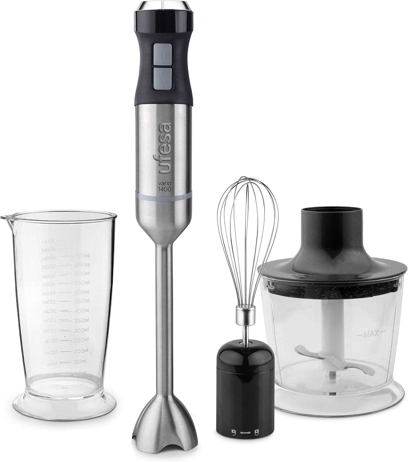 Ufesa BP4752 Vario 1400 Titanium XL Max Liquidificadora de mão, 1400 W, 4 lâminas de titânio, pé XL, 20 velocidades turbo design ergonómico e anti-salpicos, sem BPA, aço/cinzento