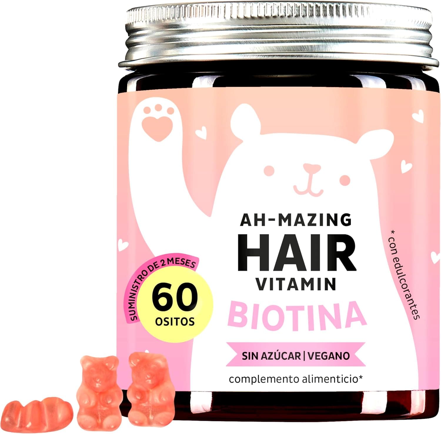 Bears with Benefits Ursos de geleia com altas doses de biotina Vitaminas capilares para o crescimento e cuidados normais do cabelo, 5000 μg biotina e zinco, 60 unidades - vegan, sem açúcar