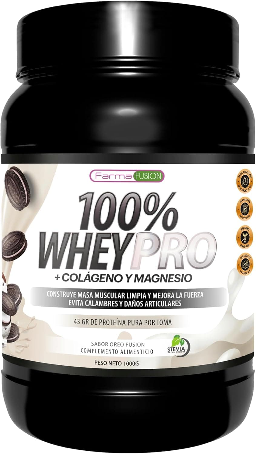 FARMAFUSION, 100 por cento Whey Protein com colagénio e magnésio, 43 gramas de proteína pura por tomar 0 por cento açúcares, aumenta o crescimento muscular e tonifica os músculos