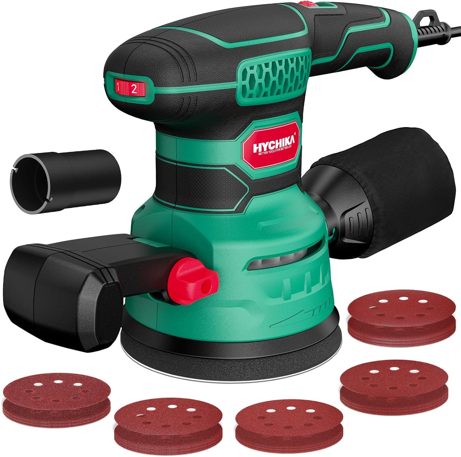 HYCHIKA Lixadeira Orbital de 450W, seis velocidades de 6000-12000 OPM, eficiente sistema de recolha de pó com 20 peças de lixa, ideal para lixar metal e madeira
