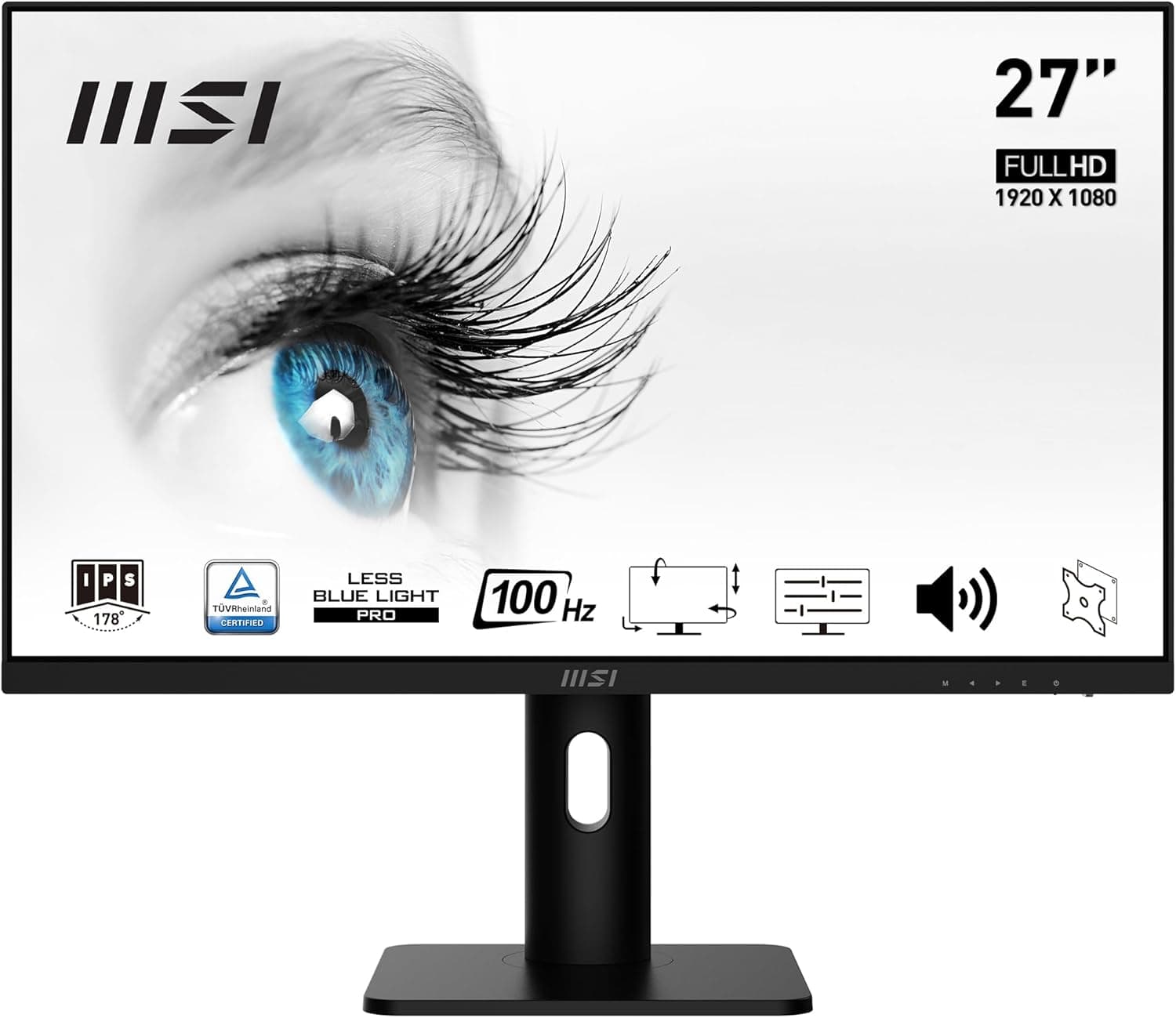 MSI PRO MP273AP Monitor de escritório Full HD de 27", painel IPS 1920 x 1080, 100 Hz, conforto ocular, montagem VESA, altifalantes integrados, suporte de exibição kit, regulável 4 direções