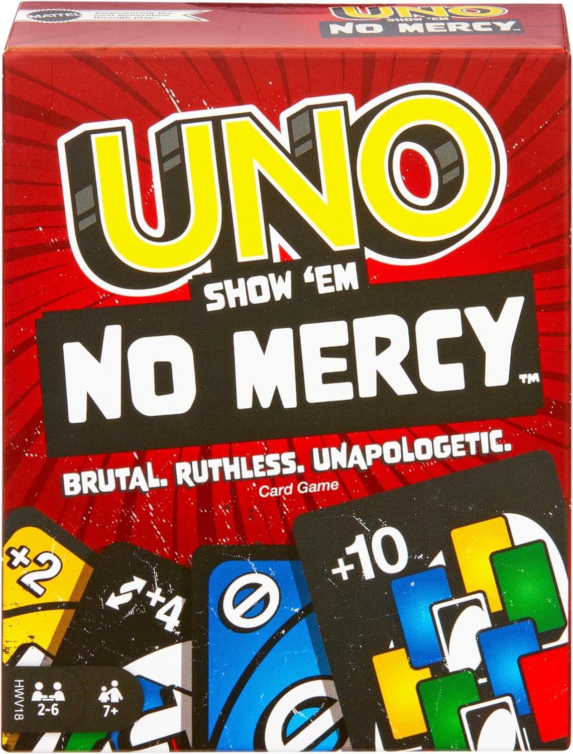 Mattel Games Jogo de cartas UNO No Mercy jogo de tabuleiro familiar com novas cartas, regras especiais e penalidades mais implacáveis, + 7 anos (HWV18)