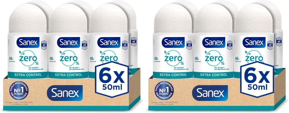 Sanex Zero% Extra Control | Desodorizante roll-on sem álcool nem sais de alumínio, proteção 48 h, pack de 6 x 50 ml