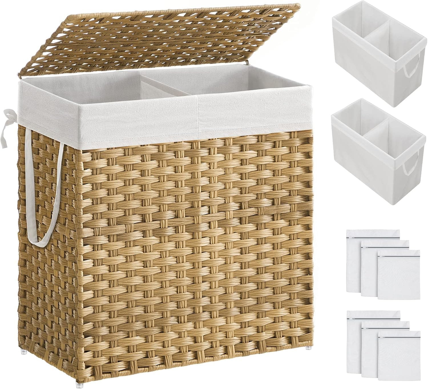 SONGMICS Cesto de roupa, 110 L tecido à mão, cesto de lavandaria com compartimentos separados, rato sintético, com tampa e alças, dobrável, saco de forro removível, natural LCB52NL