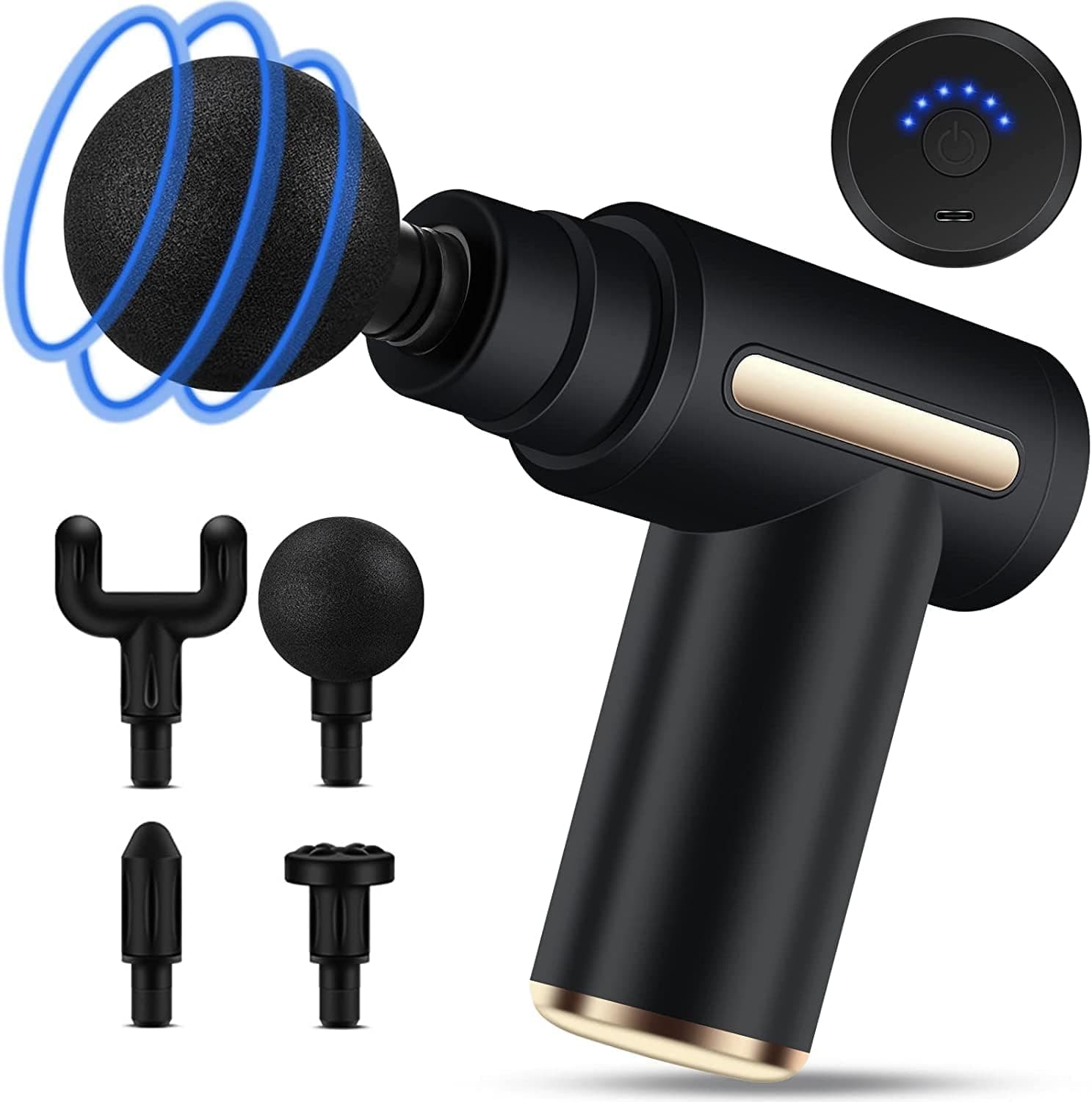 Mini pistola de massagem muscular, Uplayteck massajador muscular portátil 35DB ultra silencioso com 6 velocidades, 4 cabeças de massagem, massajador de mão para relaxar os músculos aliviar
