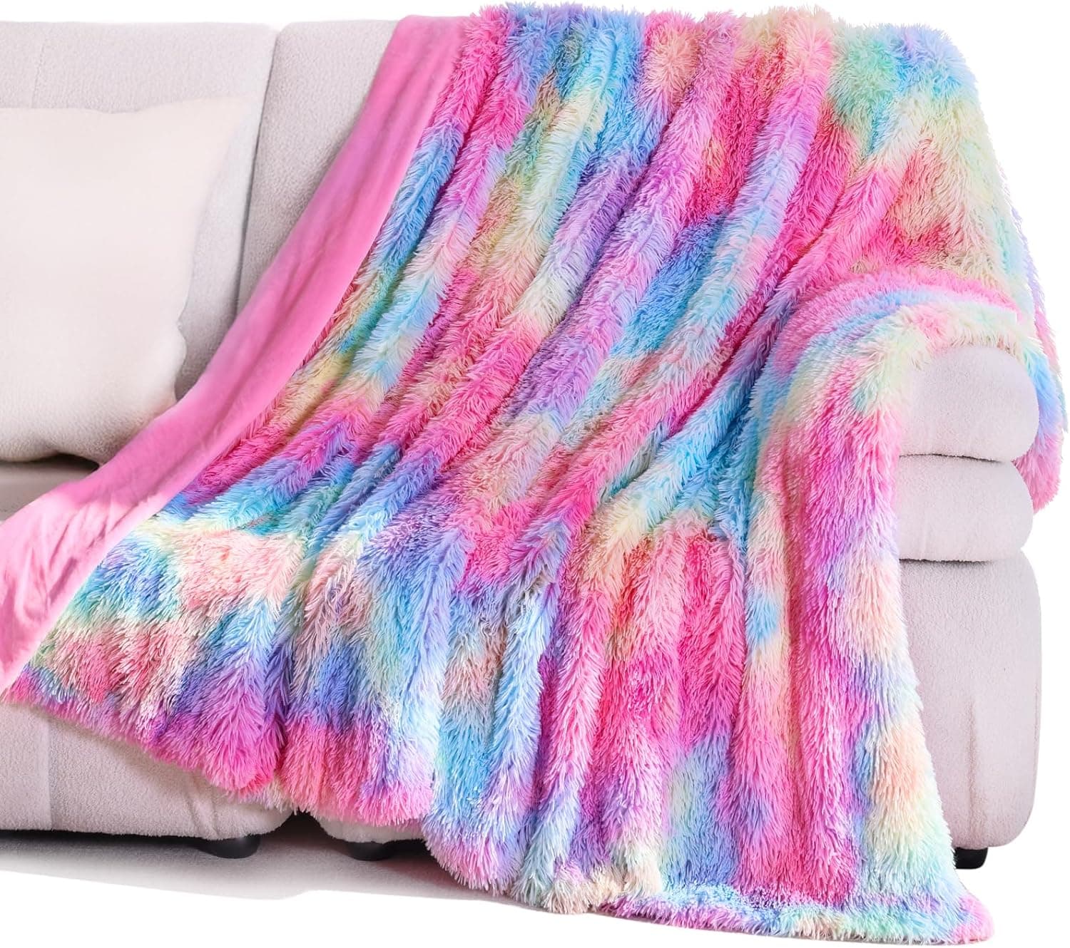 KANKAEU Manta de pelo arco-íris, manta macia e esponja para um conforto excecional, manta arco-íris 130 × 160 cm, quente e fácil de cuidar, manta polar esponja