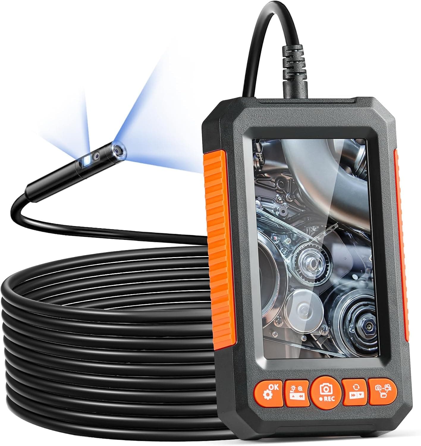 VEVOR Câmara endoscópica industrial de lente dupla com ecrã, 1080P, 8 + 1 luzes, impermeável IP67, para automóveis e canalizadores, cabo de 5 m e cartão de 32 GB, 145 x 85 x 26 mm, 200 0 mAh