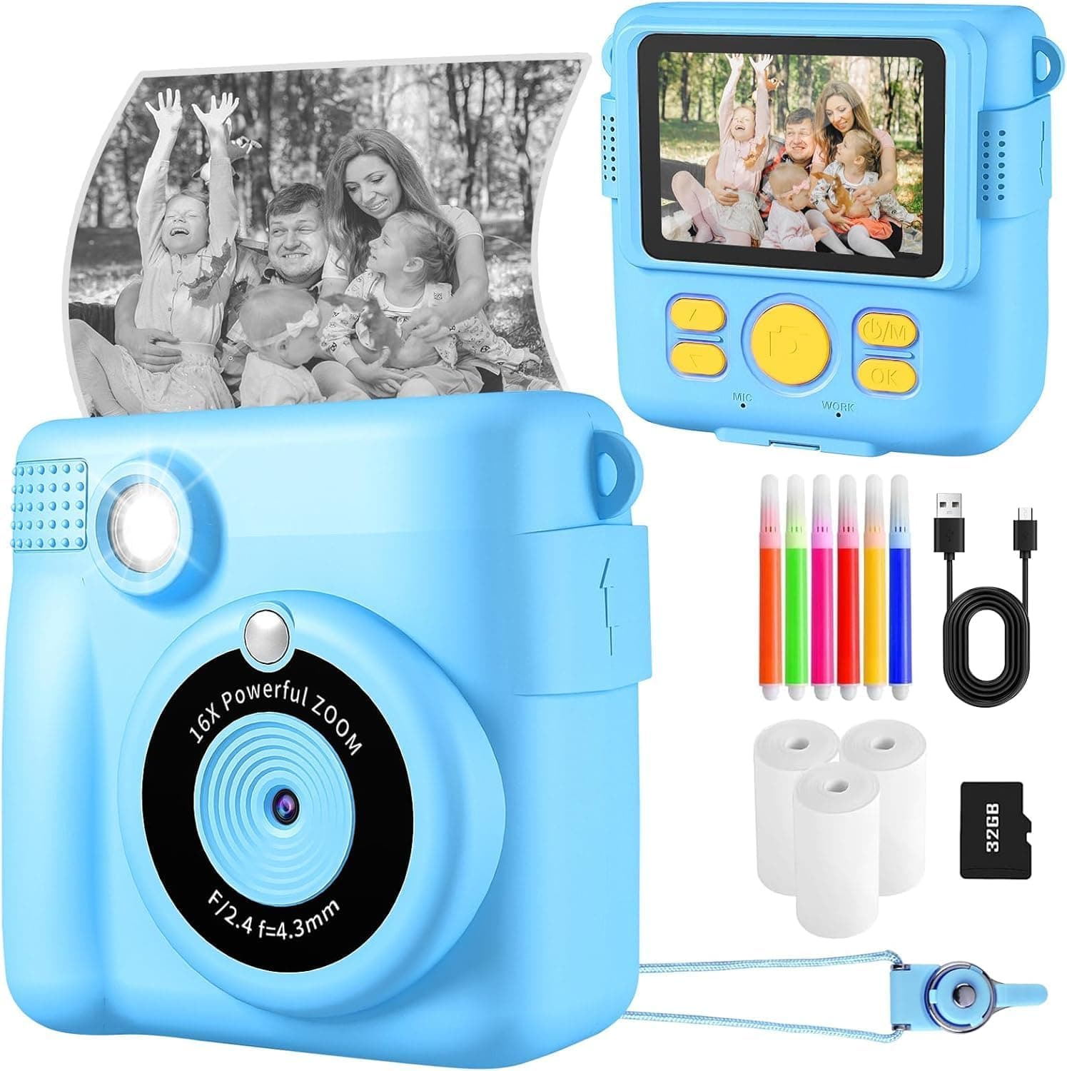 YKSLEMON Instant Camera | Máquina fotográfica infantil 24MP e vídeo HD com cartão 32GB e papel fotográfico para crianças