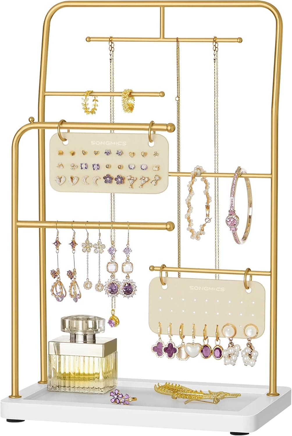 SONGMICS Suporte para jóias com moldura de metal, 2 tábuas para brincos, 6 varetas de pendurar, para colares, brincos, pulseiras e anéis