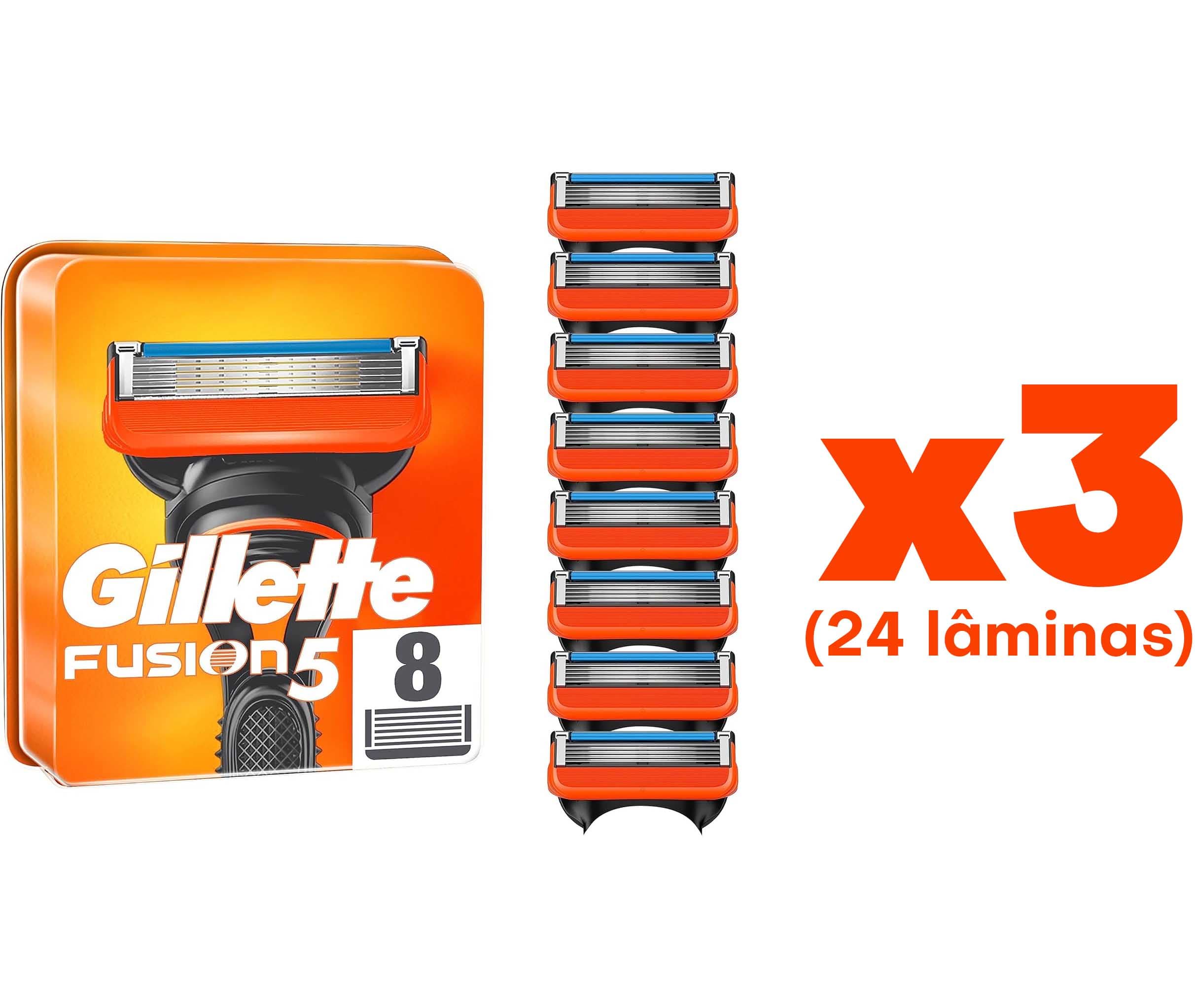 Gillette Fusion 5 lâminas de barbear para homem, embalagem de 8 lâminas de substituição x 3
