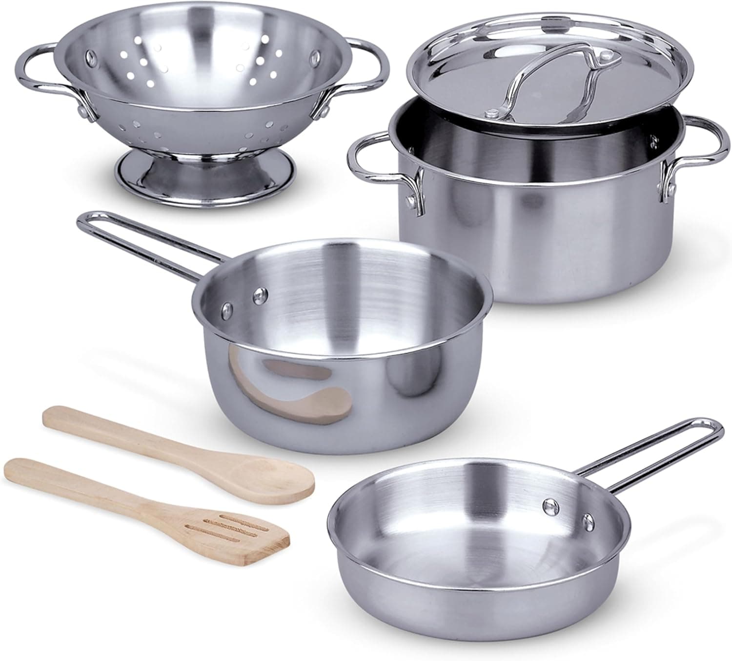 Melissa & Doug Conjunto de panelas e frigideiras de aço inoxidável, conjunto de imitação, brinquedo criativo, acessórios de cozinha para meninos e meninas