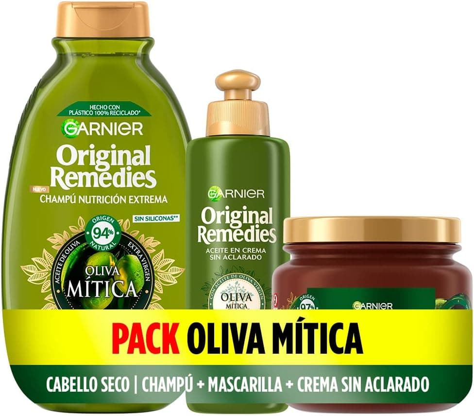 Garnier Original Remedies, pack champô, máscara e creme sem enxaguar para cabelo seco e sensibilizado, nutre intensamente sem apegar, azeitona mítica, conjunto de 3 produtos