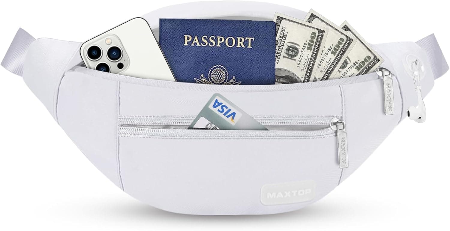 Bolsa de cintura unissexo com conetor para auriculares e 3 bolsos com fecho de correr, cinto ajustável, bolsa para treino ao ar livre, viagens, casual, corrida, caminhadas