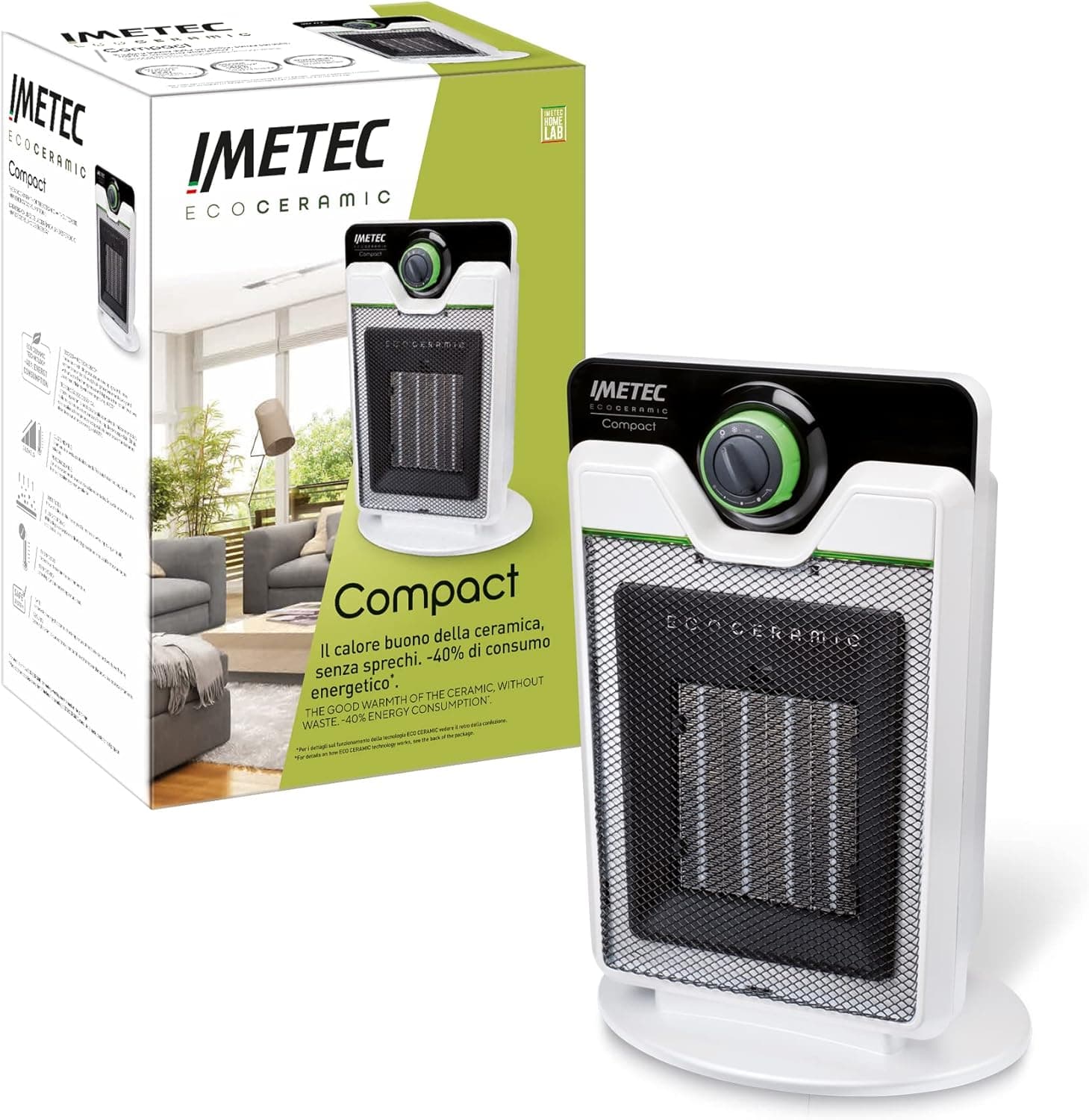 Imetec Eco Ceramic Compact, aquecedor com tecnologia Eco cerâmico para baixo consumo, 2200 W, 3 níveis de temperatura, compacto e silencioso, filtro de pó, sistema de segurança