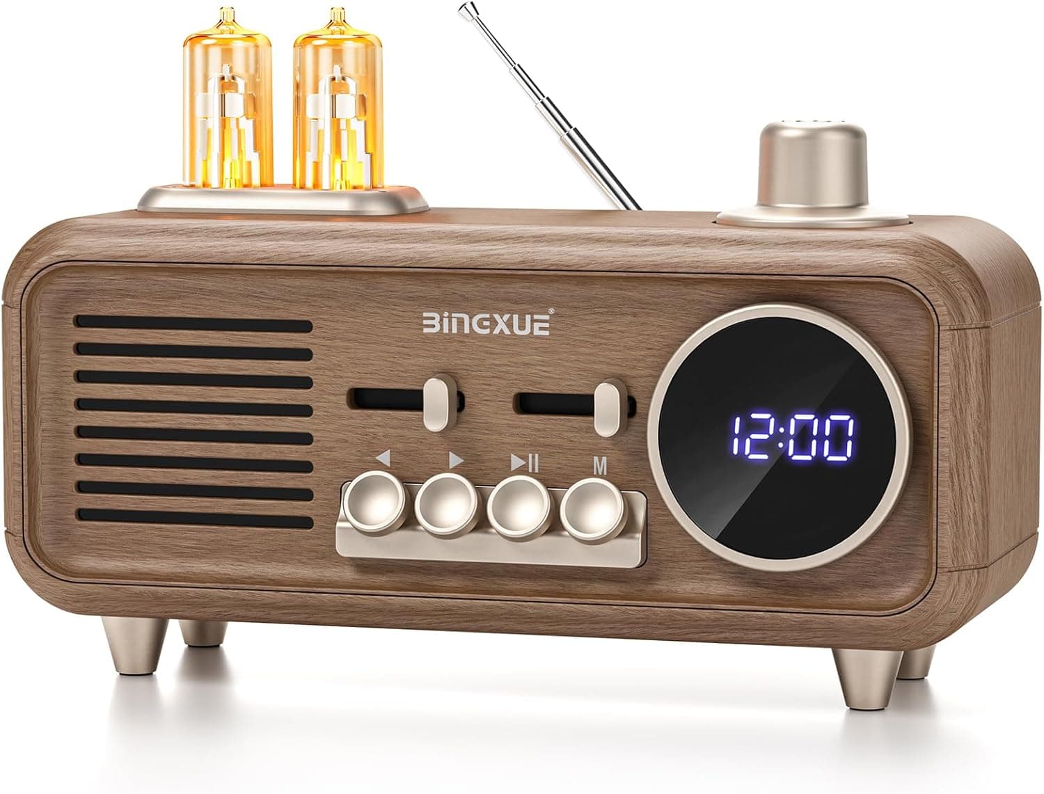 Rádio vintage FM altifalantes portáteis Bluetooth, 12/24 horas com tomada pequena relógio vintage rádio com cartão USB/AUX/TF para a cozinha/quarto/secretária/estante de livros (Wood Grain)