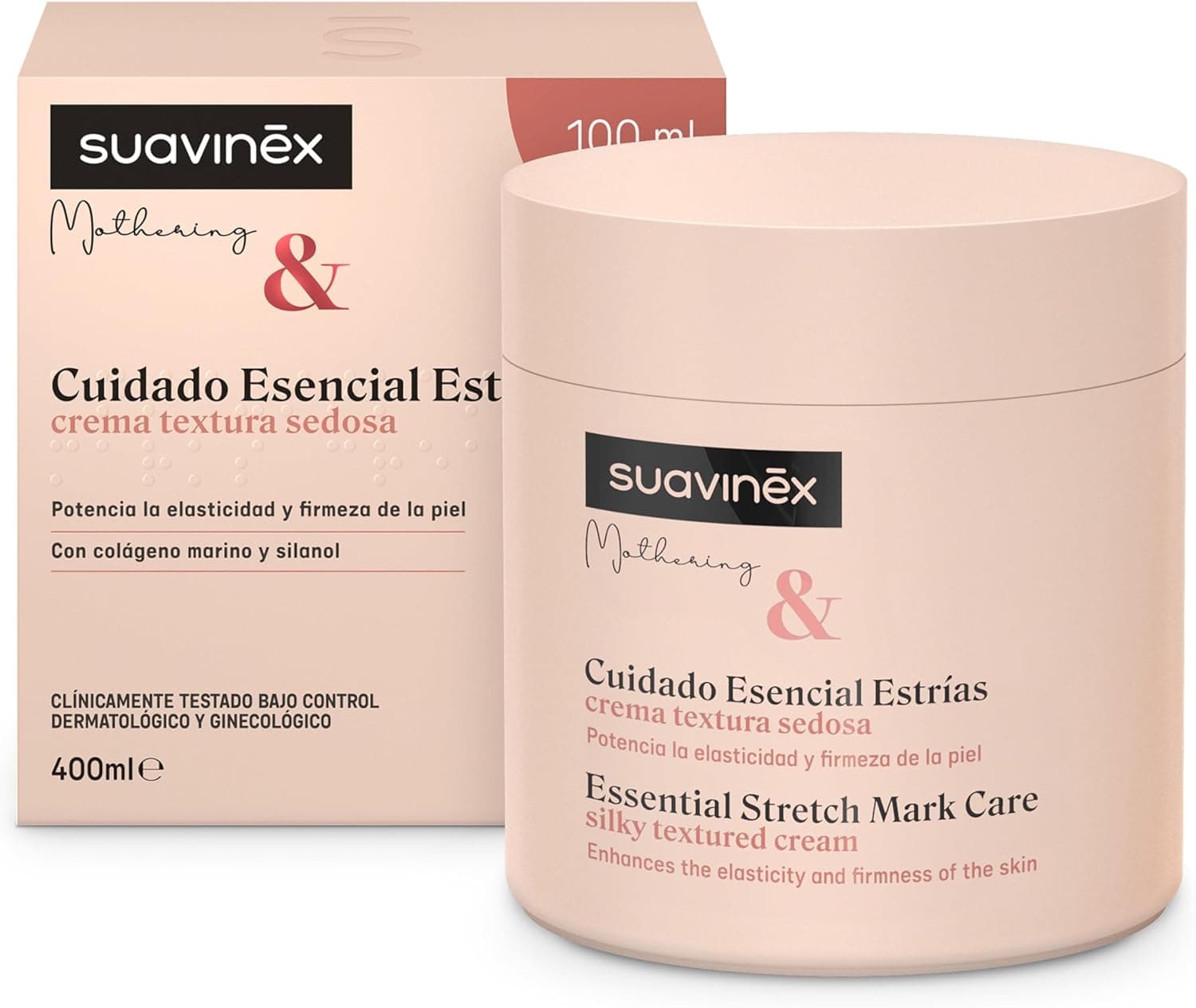 Suavinex, Creme anti-estrias gravidez, evita estrias, elasticidade potência, acalma a comichão, adequado peles sensíveis, aroma suave, absorção fácil, 95% ingredientes de origem natural, 400 ml