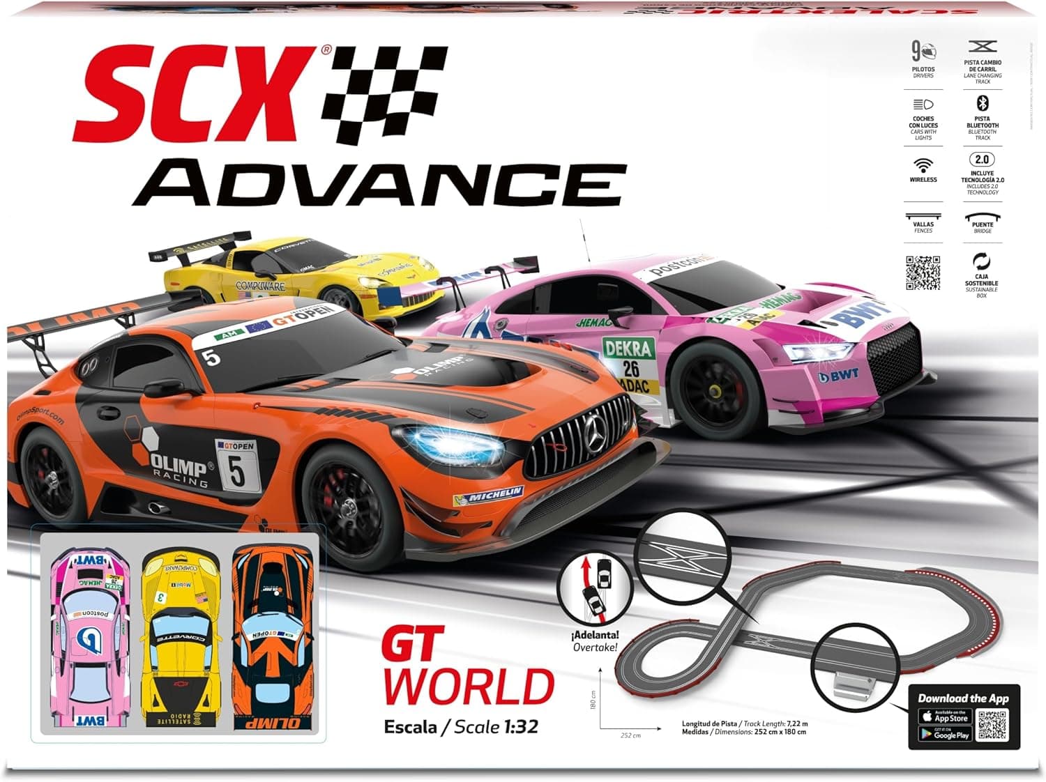 Scalextric - Circuito ADVANCE - pista de corrida completa - 3 carros e 2 comandos 1:32 (GT World)