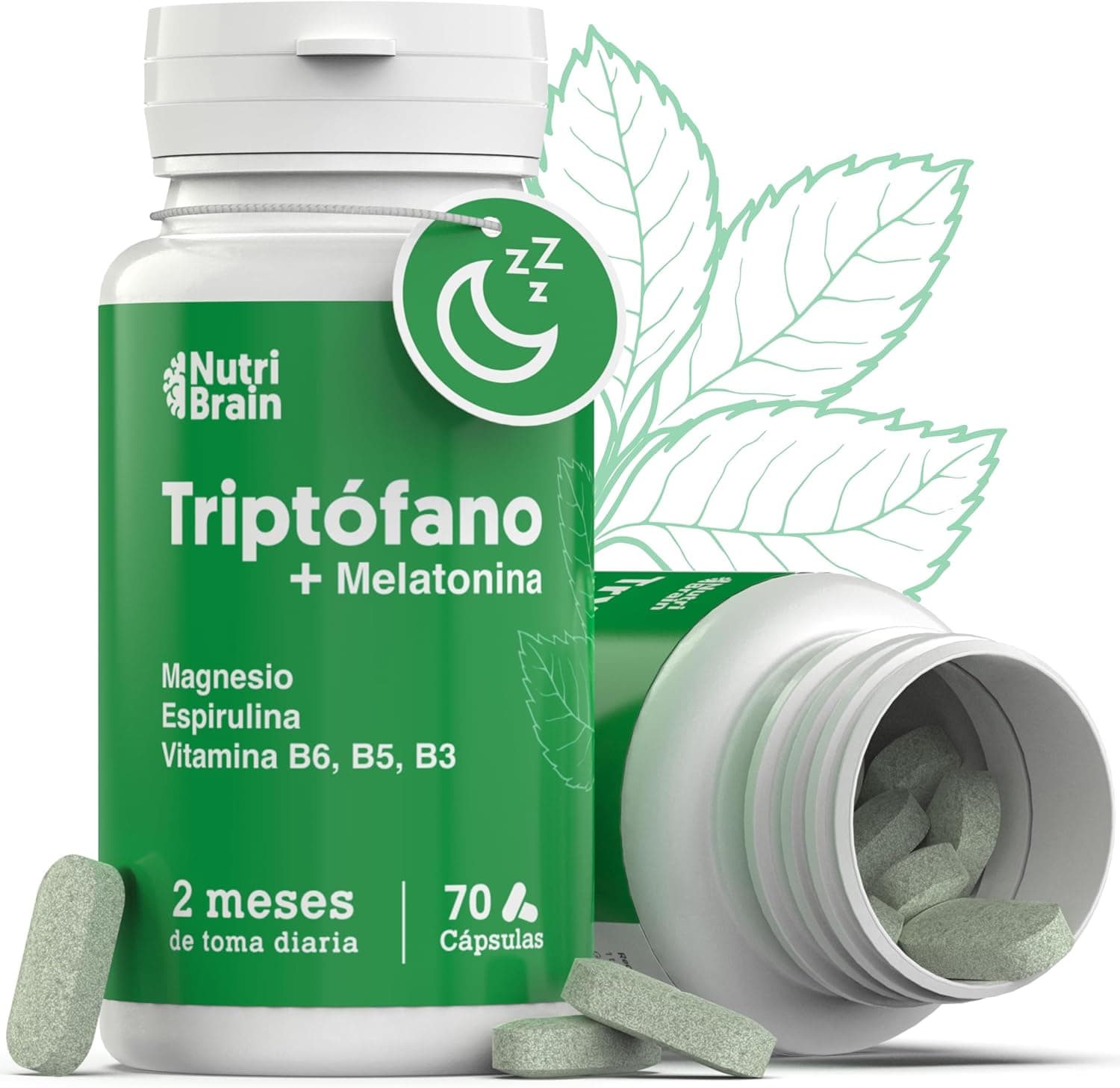 Triptófano Complex com melatonina e espirulina magnésio e vitaminas B6 B5 B3 | Fórmula sinérgica para sono, tranquilidade e aumentar a energia, o bem-estar e a concentração