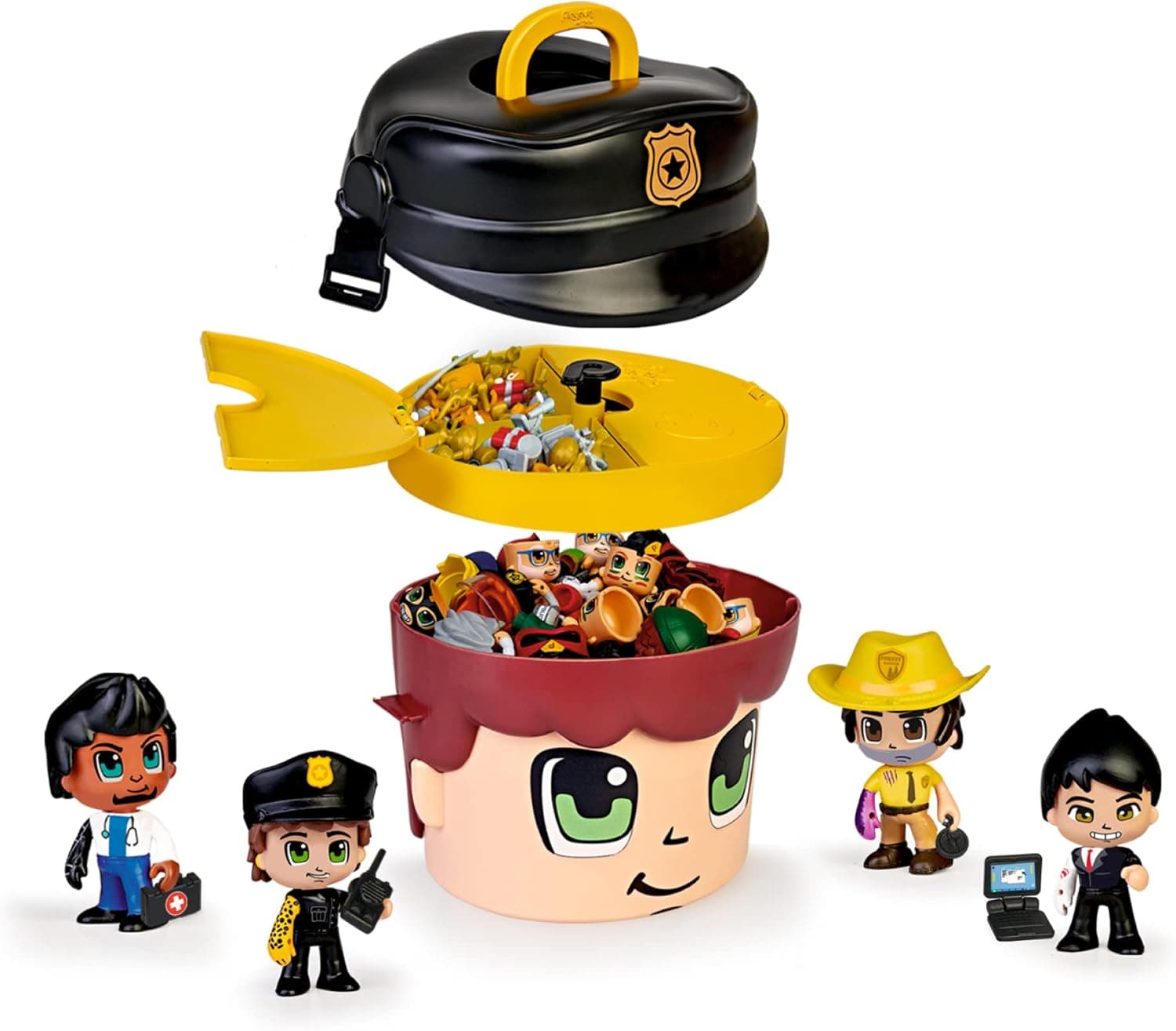 Pinypon Action 700017465 Contentor de polícia exclusivo, cabeça de pinos grande, caixa com compartimentos para acessórios e figras, inclui 4 bonecos de várias profissões, preto