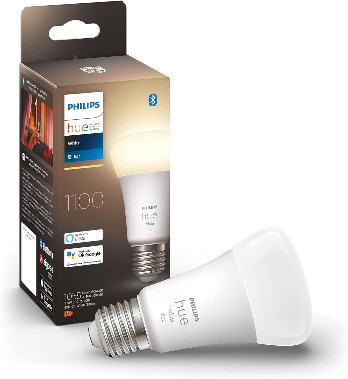 Philips Hue A60 E27 | Lâmpada LED inteligente branca regulável compatível com Alexa e Google Home, 1100 lm