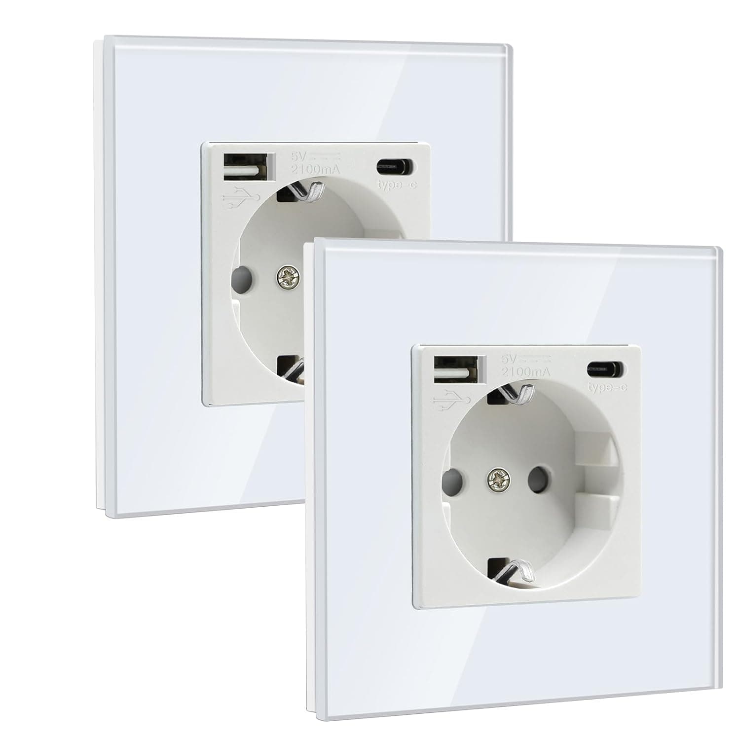 BSEED | Tomada Schuko com USB A e USB C com placa de vidro, pack de 2, 16A, branco
