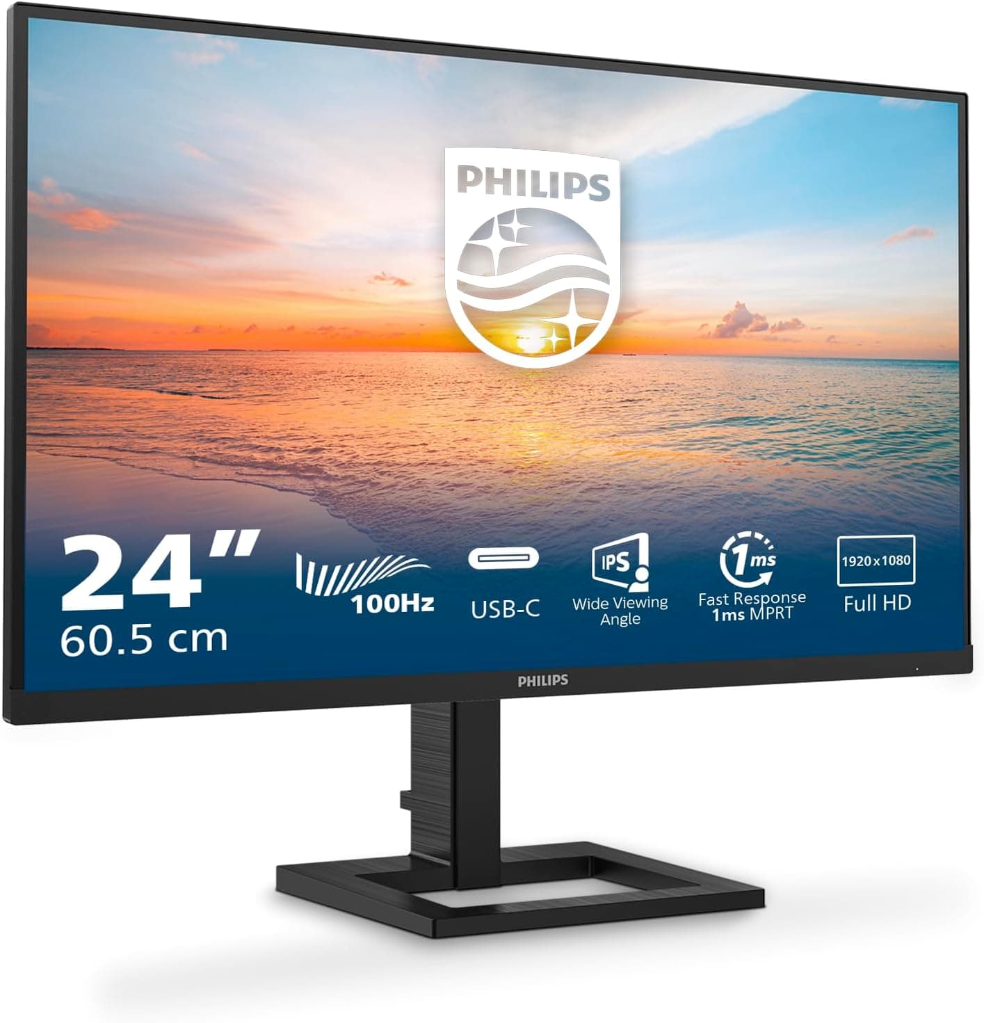 Philips 24E1N1300AM Monitor FHD de 24 polegadas, altura regulável, altifalantes (1920x1080, 100 Hz, HDMI, USB-C (65W Power Delivery) Hub USB, preto