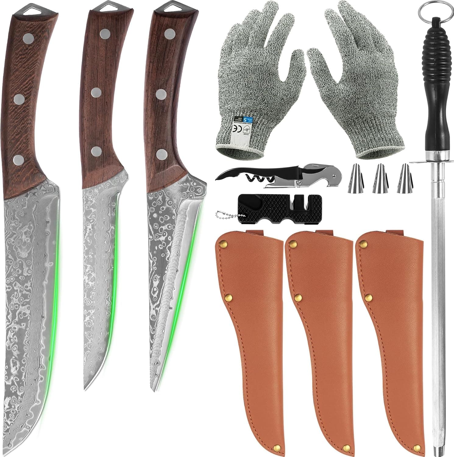 FULLHI Conjunto de facas de açougueiro de damasco, faca de chef, de desossar e de peixe, com bainha, luvas e afiador, para cozinha, campismo, BBQ