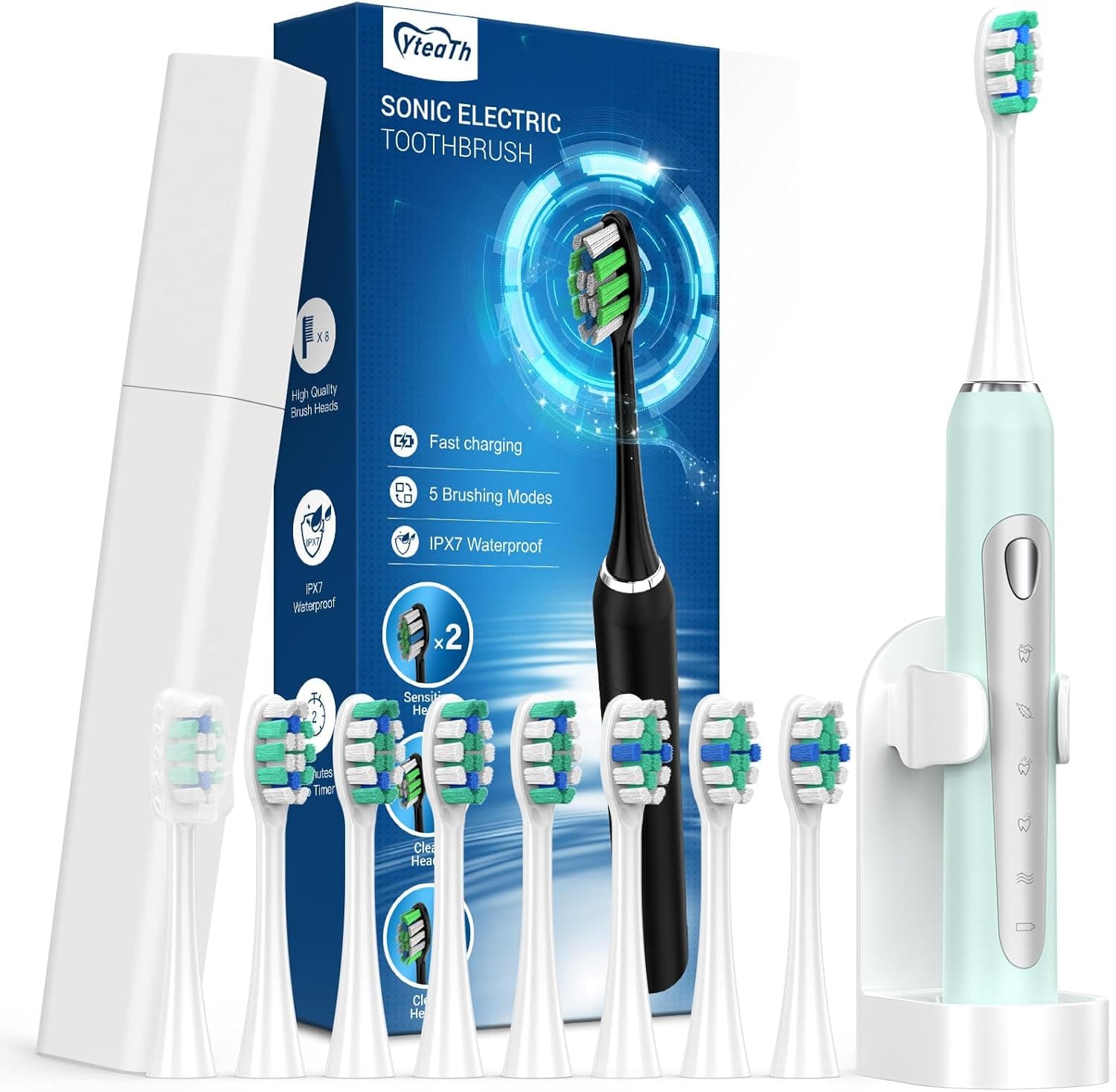 YteaTh Escova de dentes elétrica para adultos com 8 cabeças - 5 modos, estojo