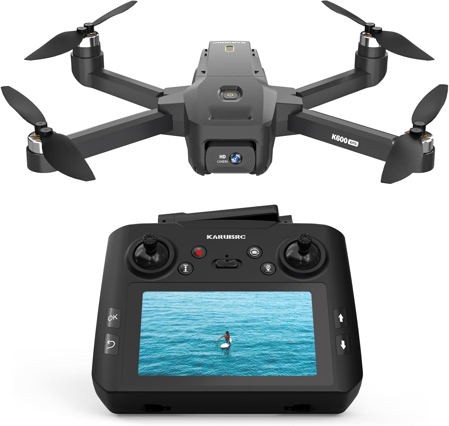 K600gps Drones com câmara, controlo remoto LCD de 4,5 polegadas, retorno automático gps, voo de gestos, cartão SD 32 g, motor sem escova, fluxo ótico, 3 velocidades para adultos / principiantes